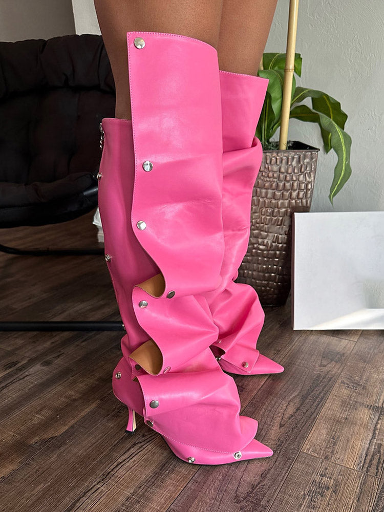 Leather Press Stud Knee-High Boots - Elara Row