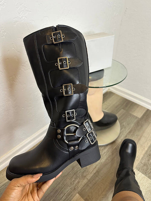 Buckle Leather Chunky Heel Boots - Elara Row