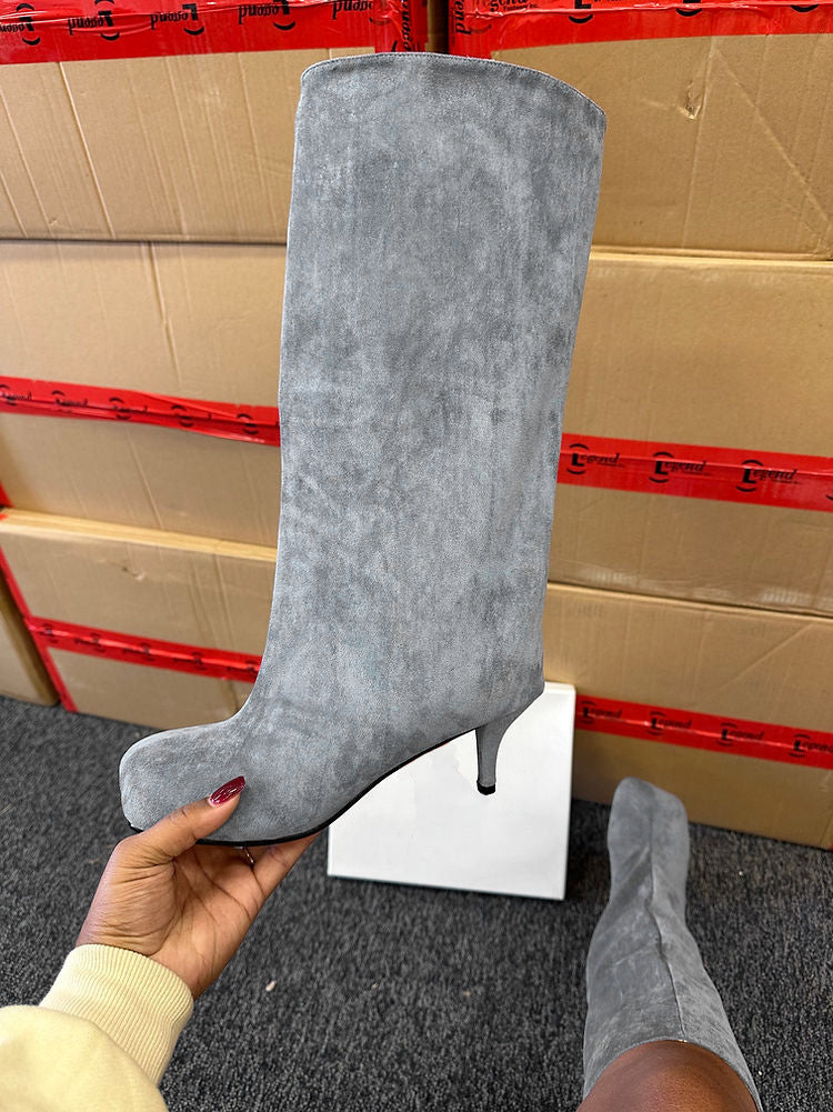 Suede Wide Calf Square Toe Boots - Elara Row