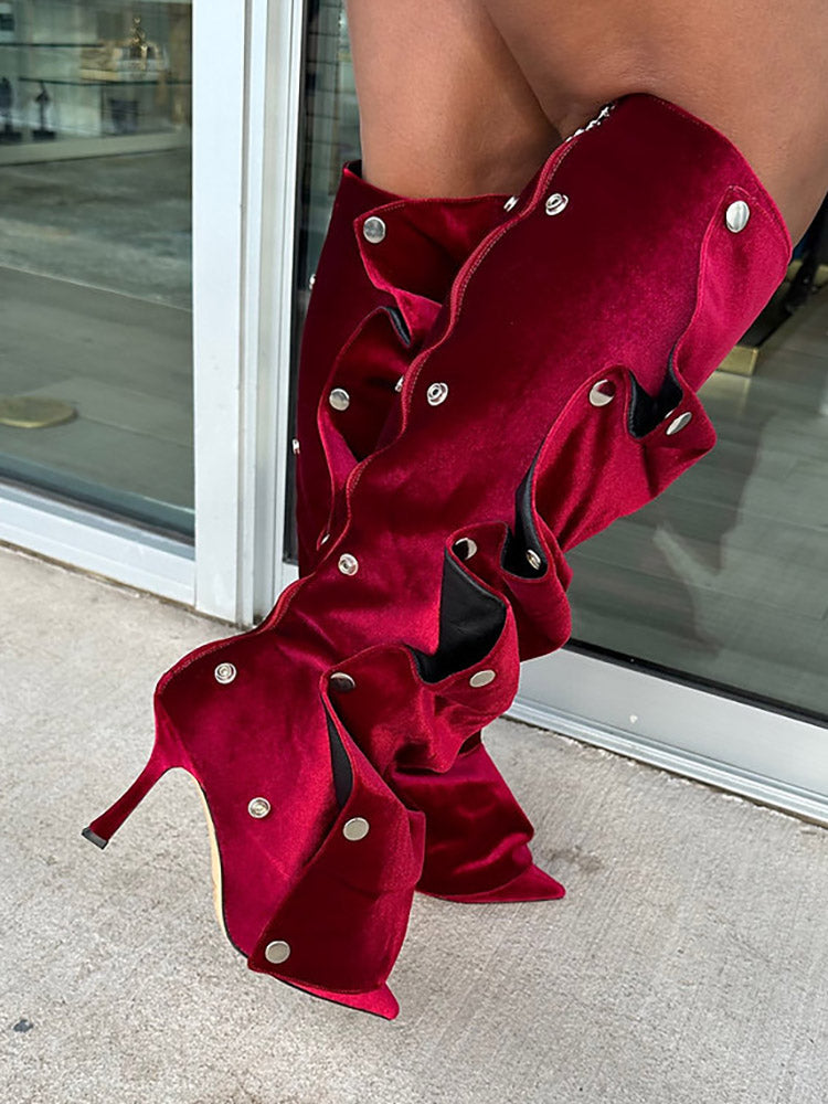 Leather Press Stud Knee-High Boots - Elara Row