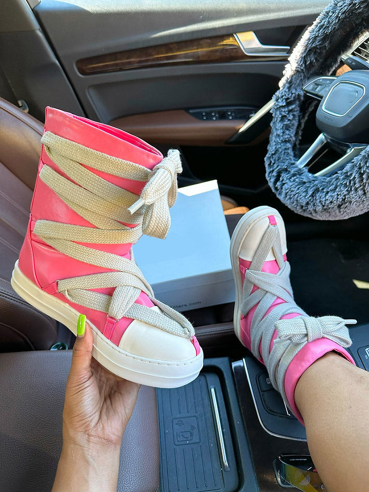 Cross Lace PU High-Top Sneakers - Elara Row