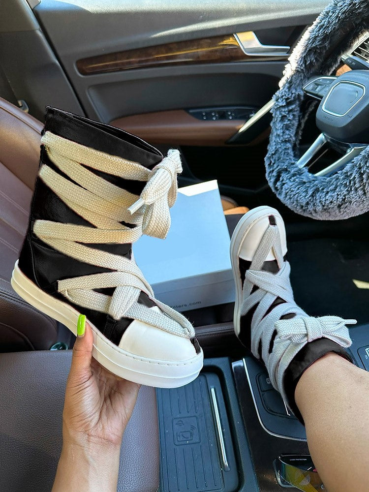 Cross Lace PU High-Top Sneakers - Elara Row