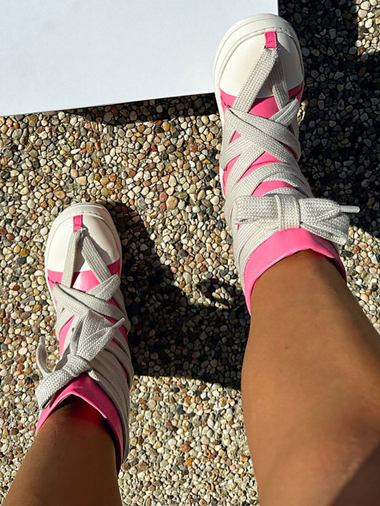 Cross Lace PU High-Top Sneakers - Elara Row