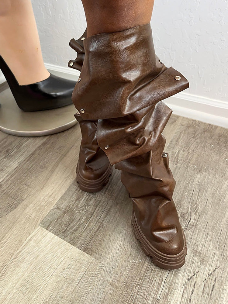 Leather Press Stud Round Toe Boots - Elara Row