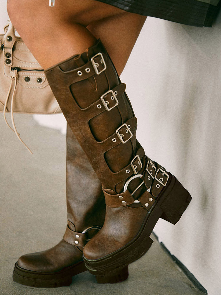 Buckle Leather Chunky Heel Boots - Elara Row