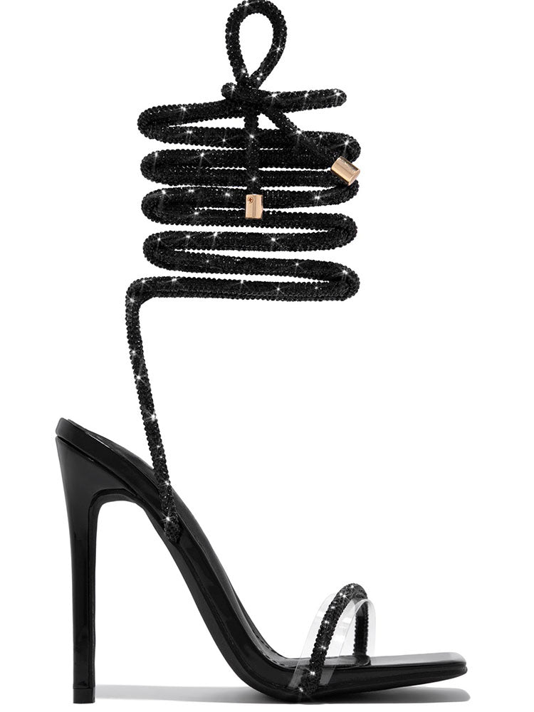 Rhinestone Lace-up High Heels - Elara Row