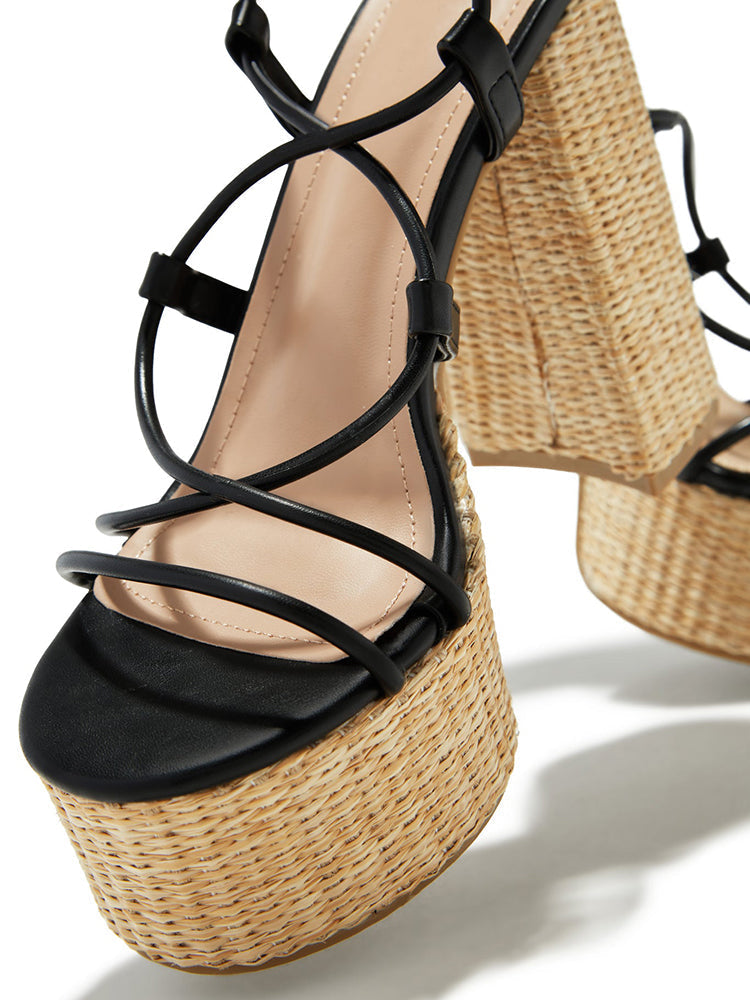 Raffia Platform Chunky Heel Sandals - Elara Row