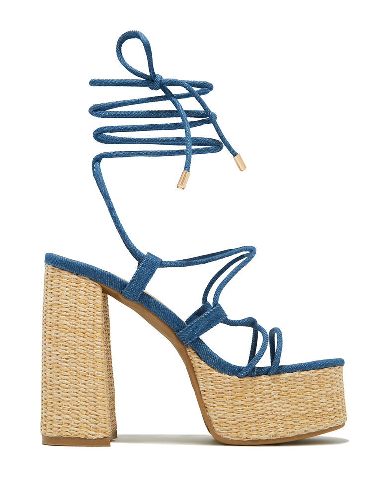 Raffia Platform Chunky Heel Sandals - Elara Row