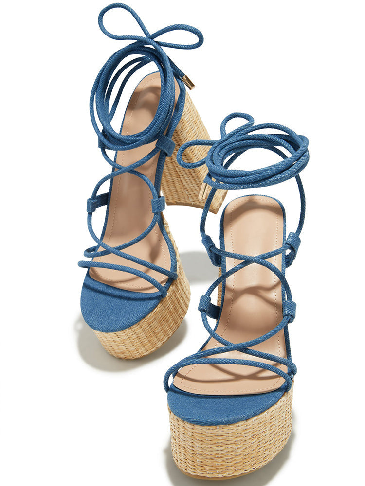 Raffia Platform Chunky Heel Sandals - Elara Row