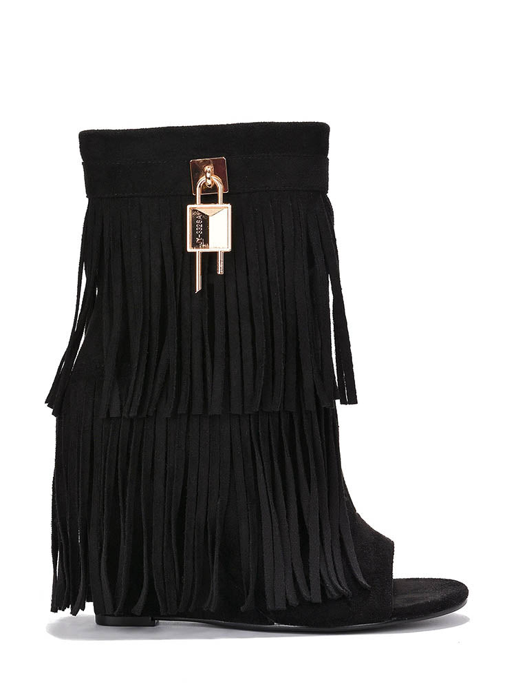 Fringe Open Toe Suede Boots - Elara Row