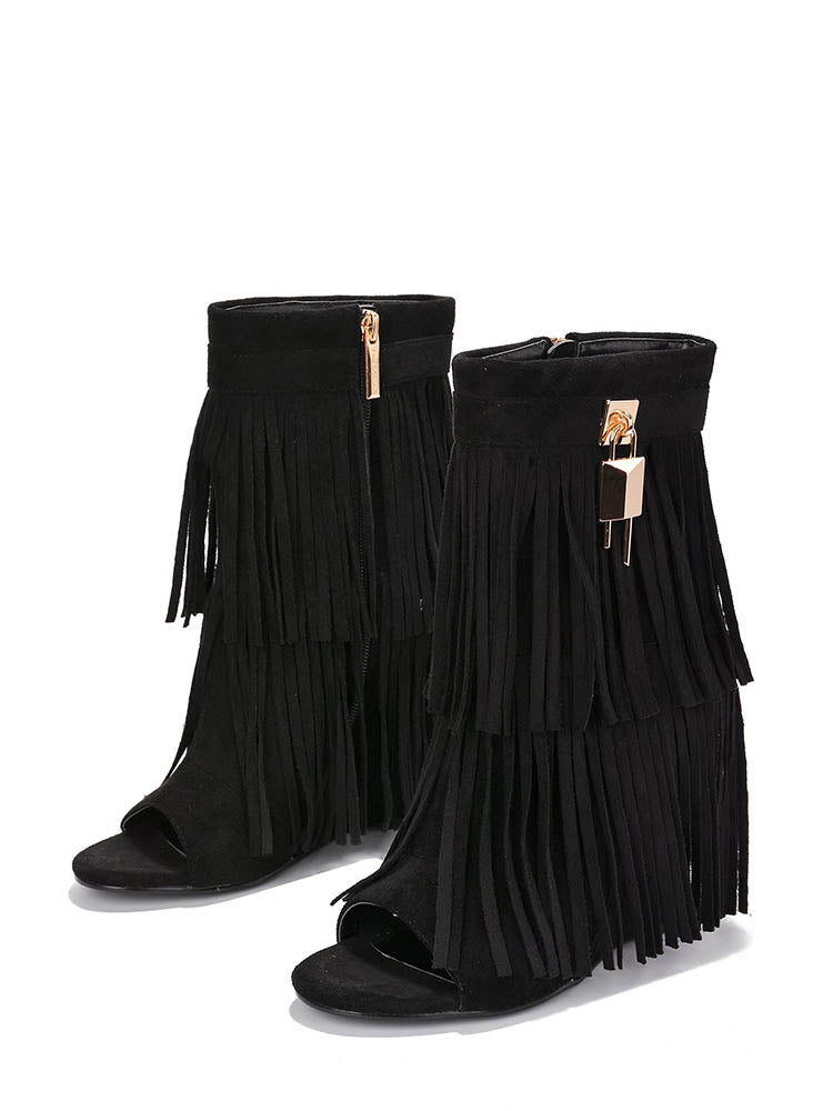 Fringe Open Toe Suede Boots - Elara Row