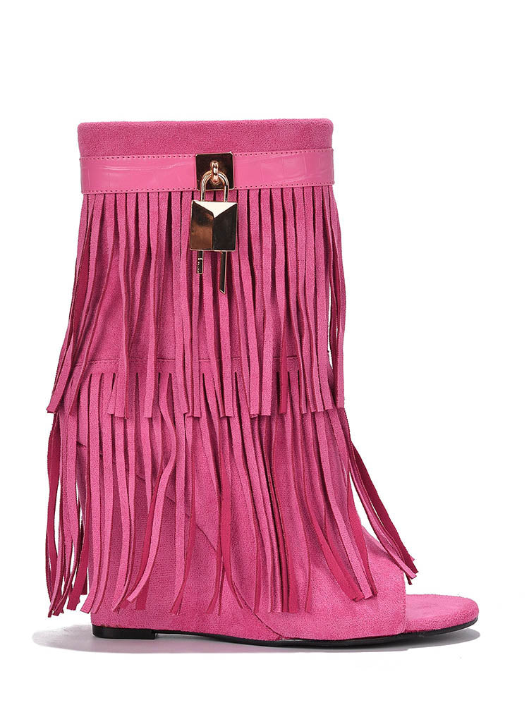 Fringe Open Toe Suede Boots - Elara Row