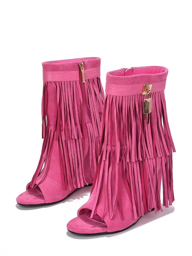 Fringe Open Toe Suede Boots - Elara Row