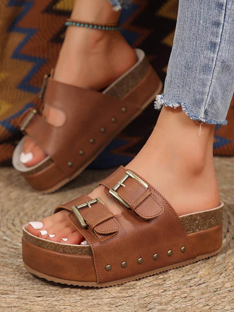 Double Buckle Strap Platform Sandals - Elara Row