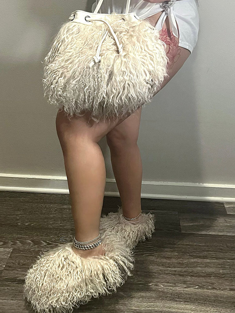 Fluffy Fur Bag & Slides Set