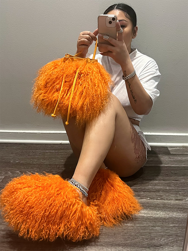Fluffy Fur Bag & Slides Set
