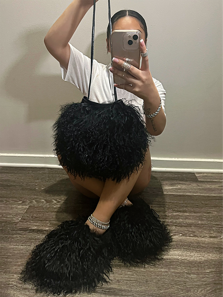 Fluffy Fur Bag & Slides Set