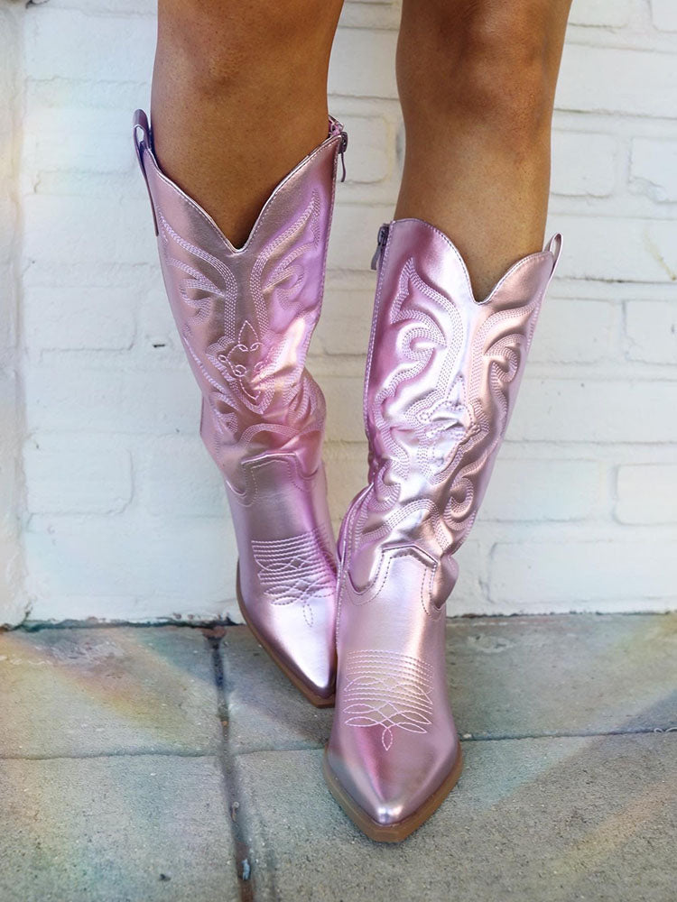 Metallic PU Leather Cowboy Boots - Elara Row