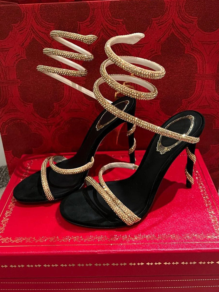 Rhinestone Ankle-Wrap Sandals - Elara Row