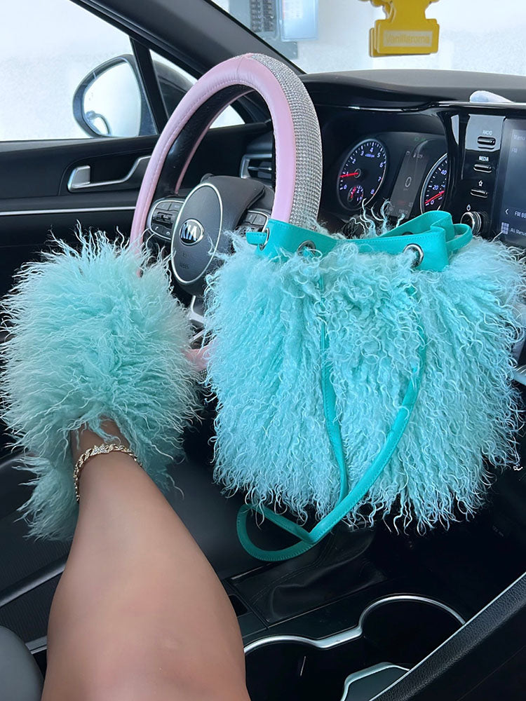 Fluffy Fur Bag & Slides Set