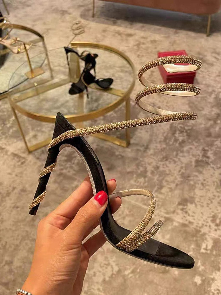 Rhinestone Ankle-Wrap Sandals - Elara Row