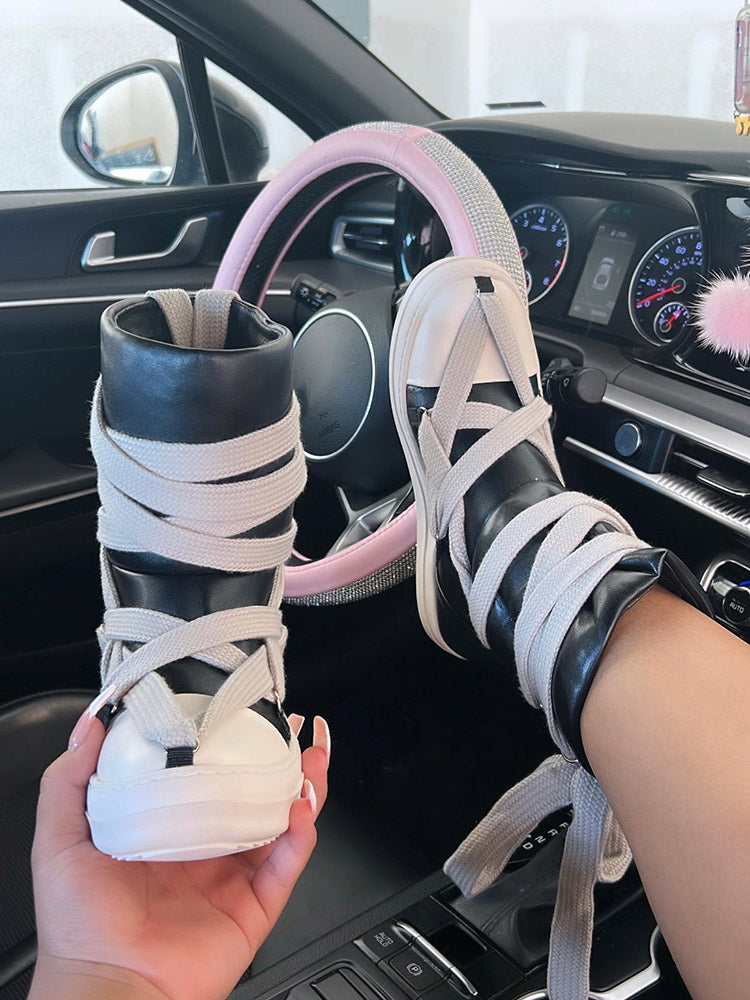 Cross Lace PU High-Top Sneakers - Elara Row