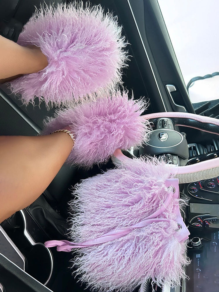 Fluffy Fur Bag & Slides Set