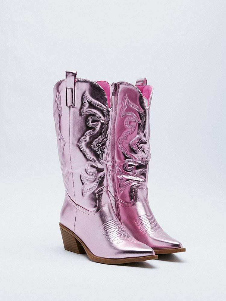 Metallic PU Leather Cowboy Boots - Elara Row