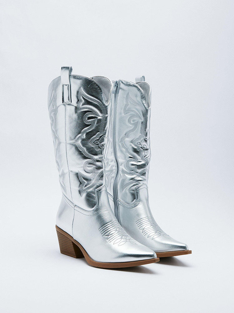 Metallic PU Leather Cowboy Boots - Elara Row