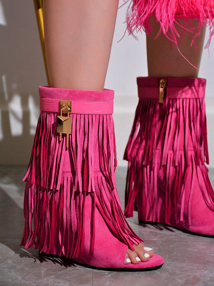Fringe Open Toe Suede Boots - Elara Row
