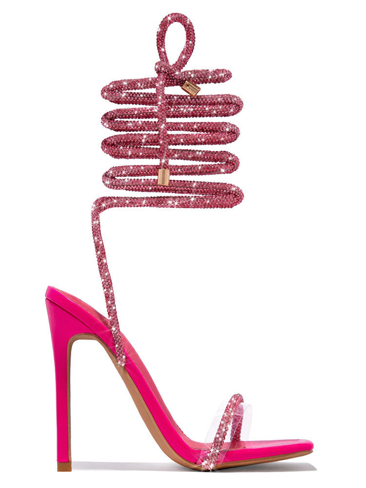 Rhinestone Lace-up High Heels - Elara Row