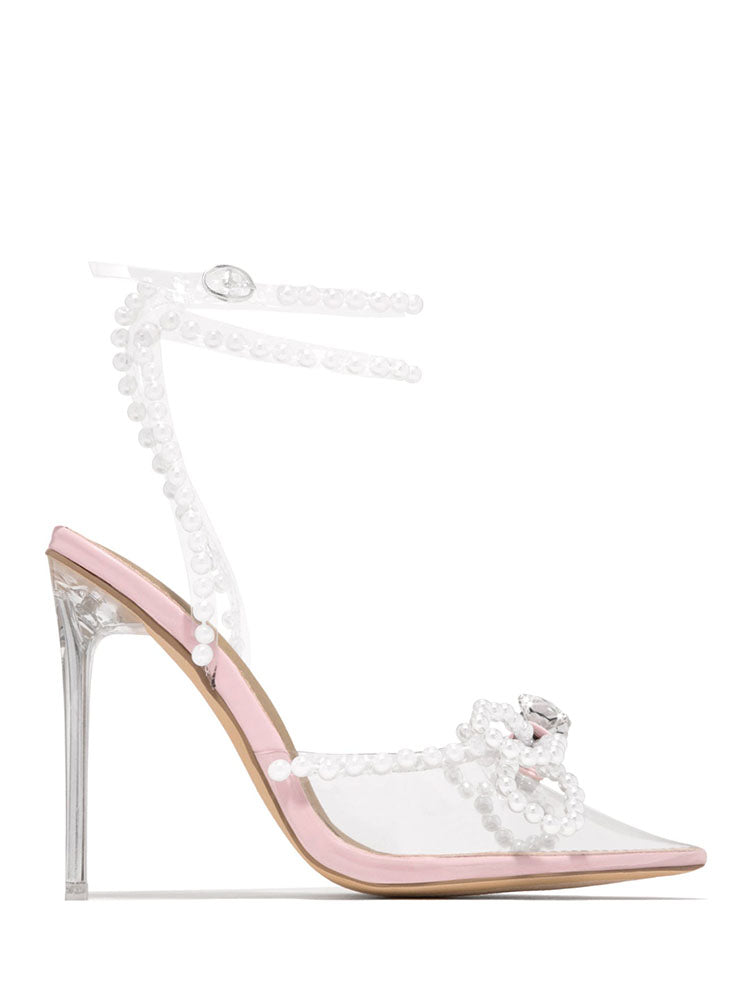 Pearl Bow Pointed Toe Transparent Heels - Elara Row