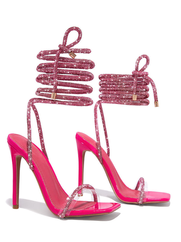 Rhinestone Lace-up High Heels - Elara Row