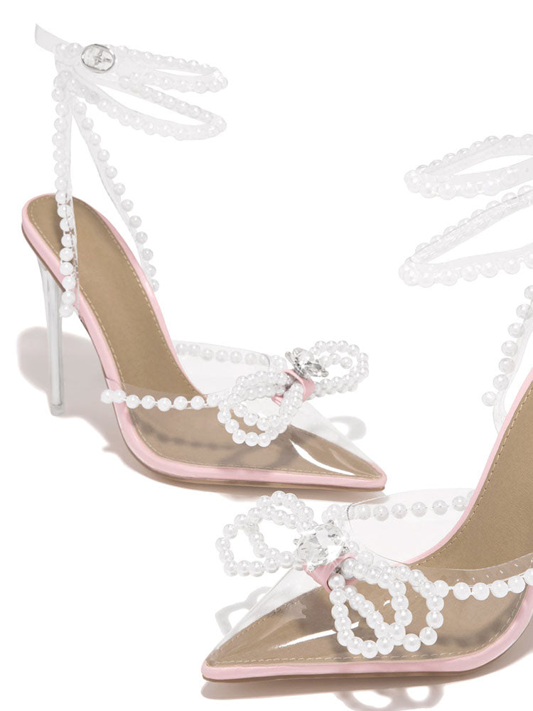 Pearl Bow Pointed Toe Transparent Heels - Elara Row