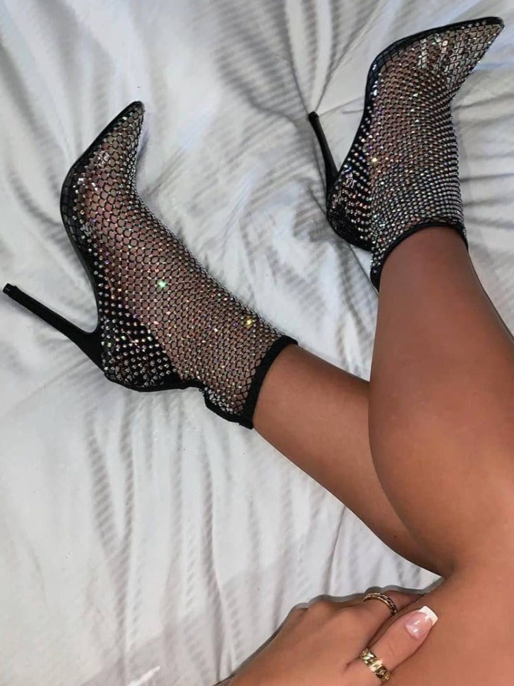 Rhinestone Fishnet Heels Boots - Elara Row