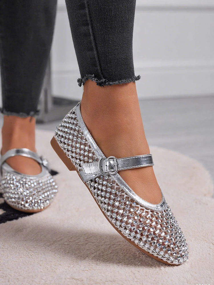 Rhinestone Leather Ballet Flats