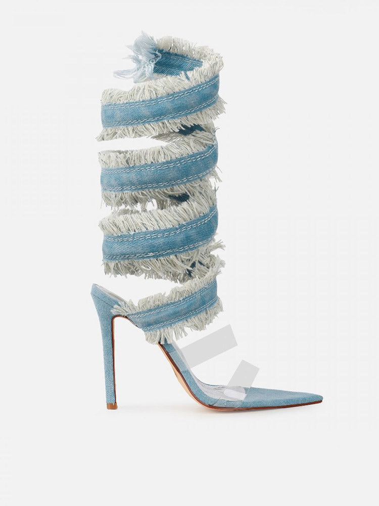 Denim Spiral Strap Sandals - Elara Row