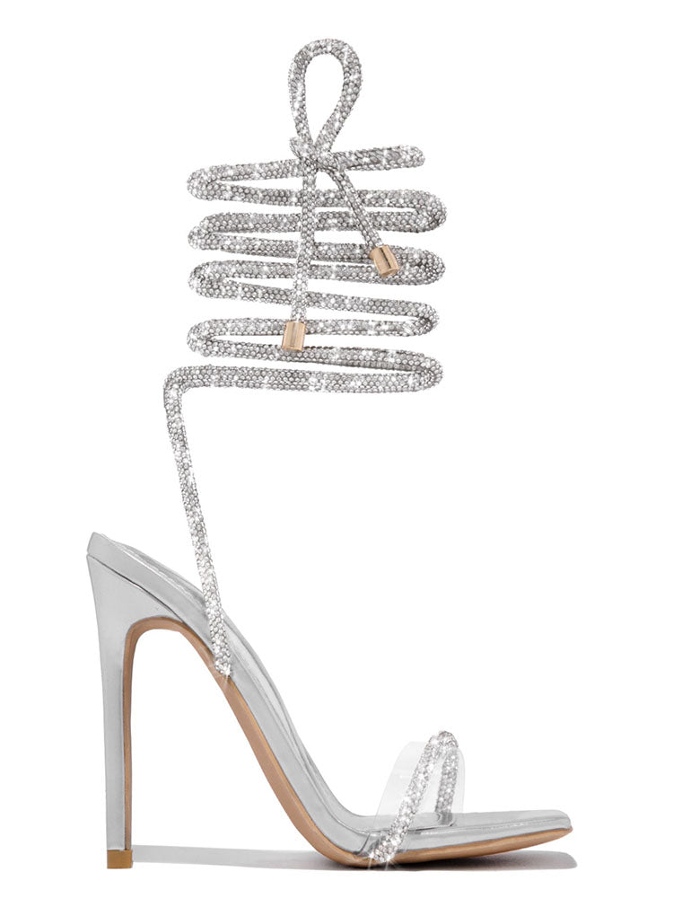 Rhinestone Lace-up High Heels - Elara Row