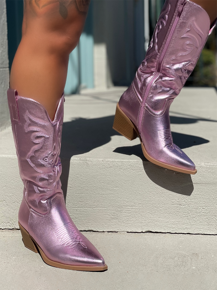 Metallic PU Leather Cowboy Boots - Elara Row