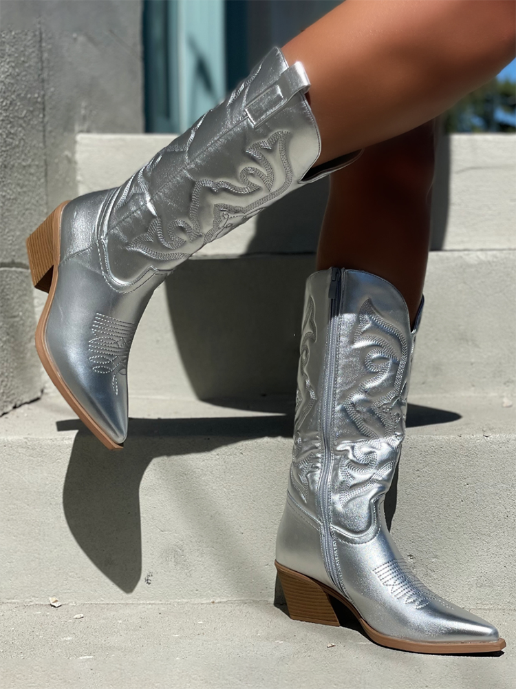 Metallic PU Leather Cowboy Boots - Elara Row