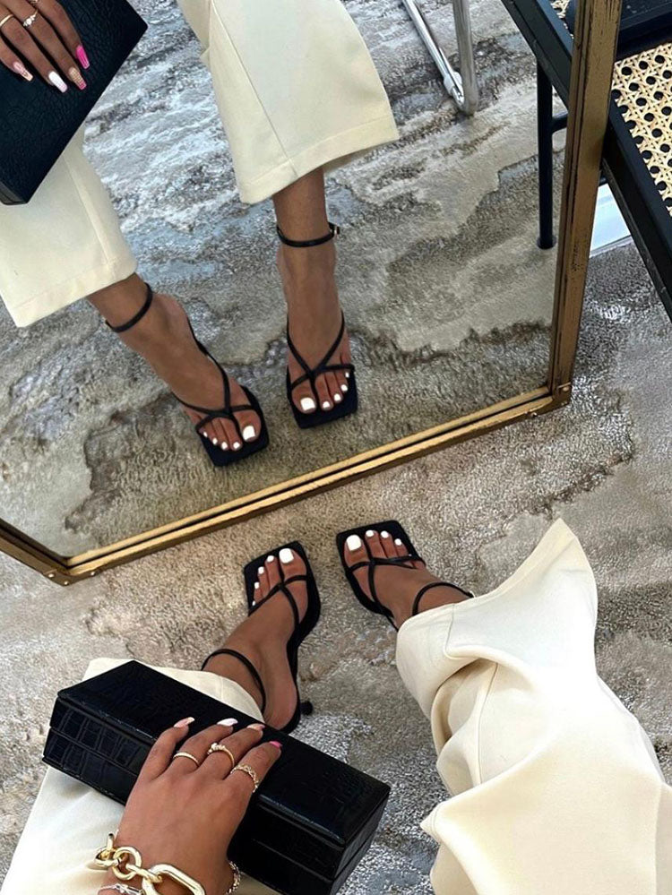 Leather Thong Ankle Strap Heels