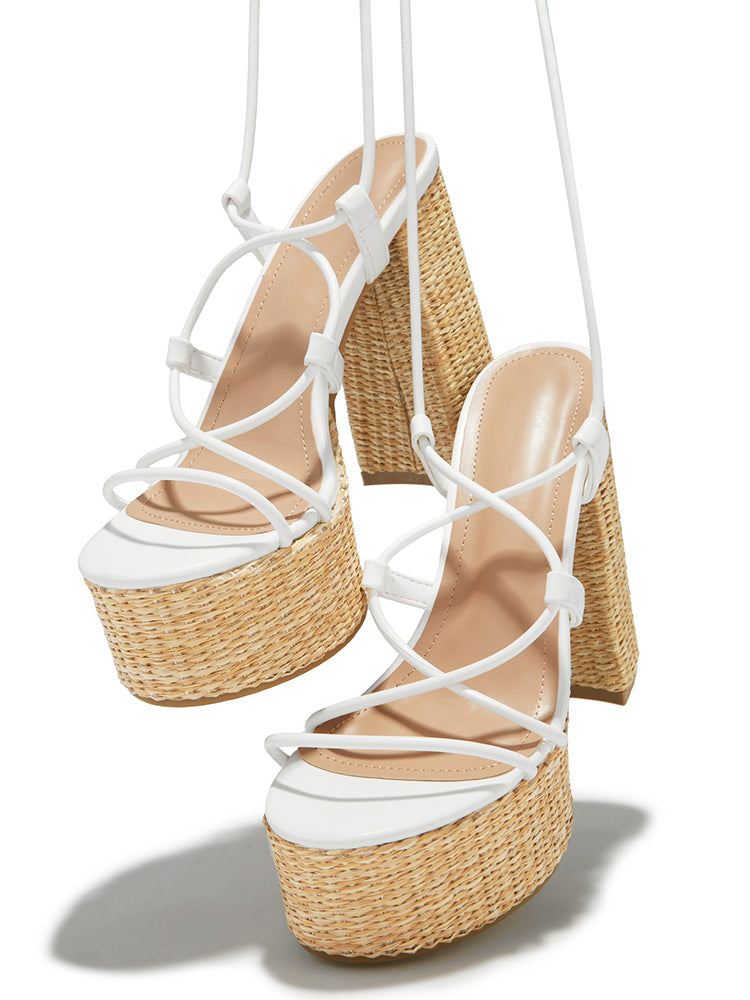 Raffia Platform Chunky Heel Sandals - Elara Row